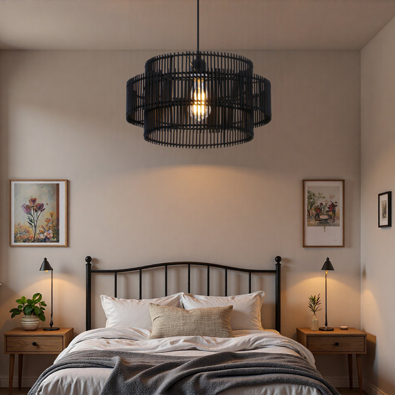 16" 1-Light Black Pendant Light With Natural Bamboo 2-Tier Round Shade, Adjustable Hanging Ceiling Light For Dining Room & Kitchen