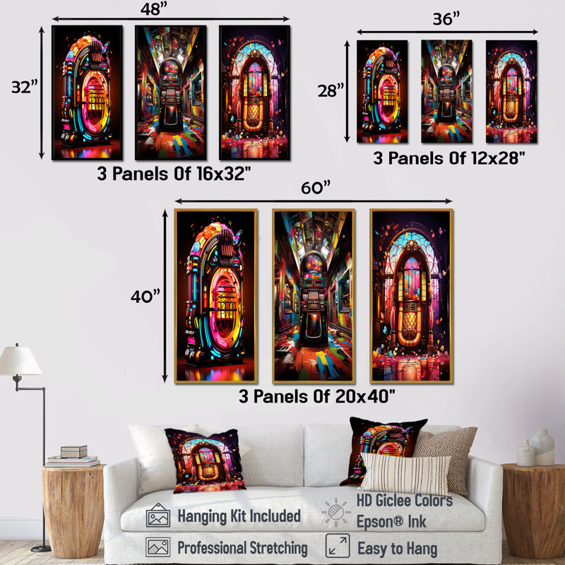Jukebox Machine Neon Grooves I - Jukeboxes, ensemble de 3 impressions sur toile, Cadre flottant noir, H 28 po x l 36 po