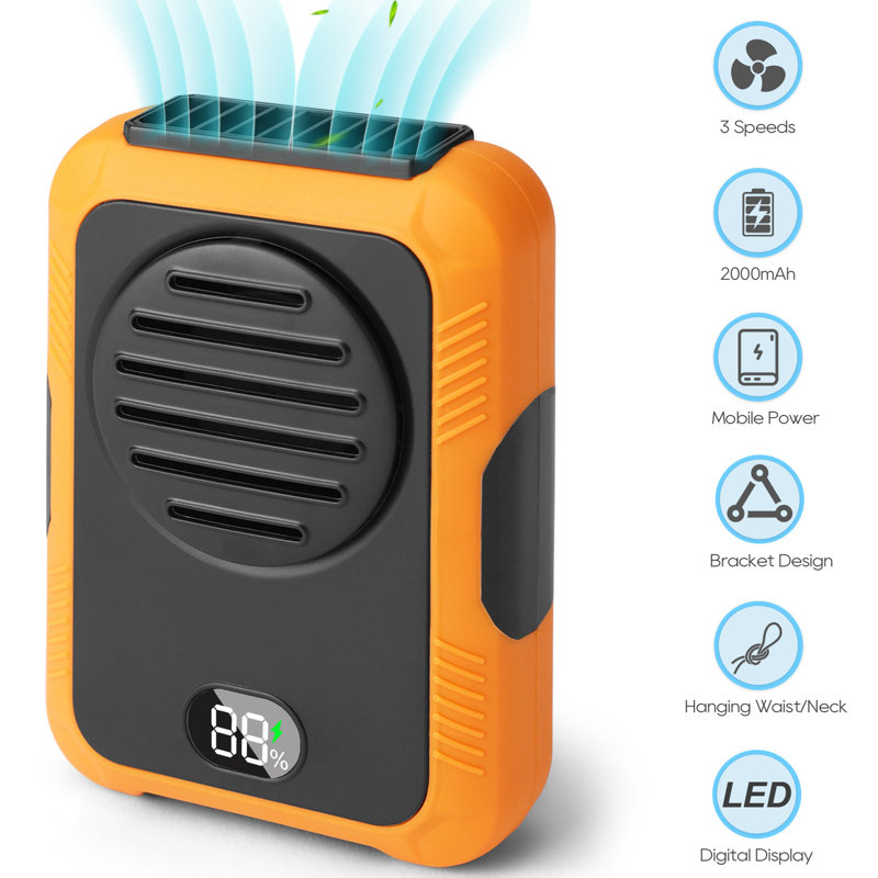 Portable Waist Fan with Digital Display 3 Speeds USB Rechargeable Clip On Fan, Orange