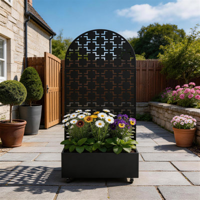 Boîte à fleurs en métal avec treillis et roues