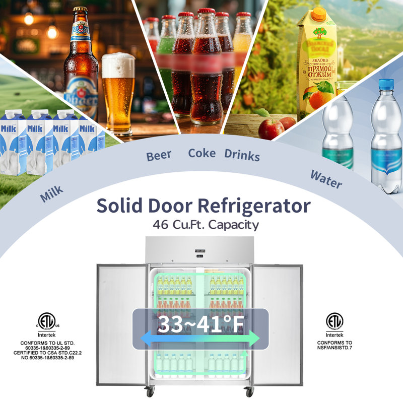 VITLIFE 54" W Commercial Reach-in Refrigerator, Double doors, Auto-Defrost, 46 cu. ft. Top Mounted, Stainless Steel Upright  Refrigerator for Restaurant, Bar, Shop, 33°F to 41°F 