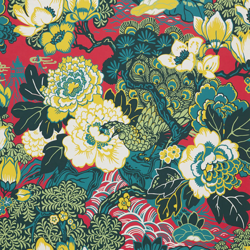 Shanghai Peacock Wallpaper, Cerise