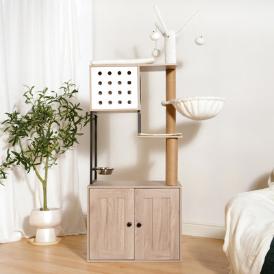 Arbre à chat avec bac à litière - gris moderne 3 en 1, avec poteaux à griffer, bol d'alimentation et amovible, zone d'activité intégrée économe en espace, fonction, boules amovibles,