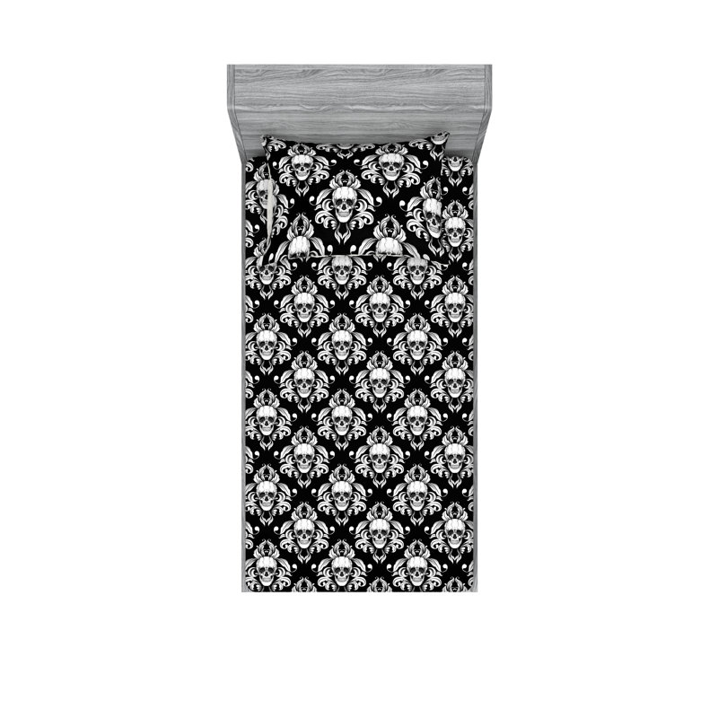 Ambesonne Fitted Sheet & Shams, Charcoal Gray/White Damask, Twin Sheet Set with 1 Pillowcase