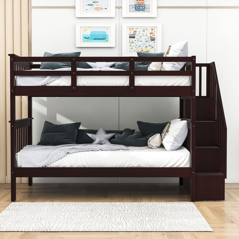 Olivarria Kids Twin Over Twin Wood Bunk Bed with Shelves, Espresso
