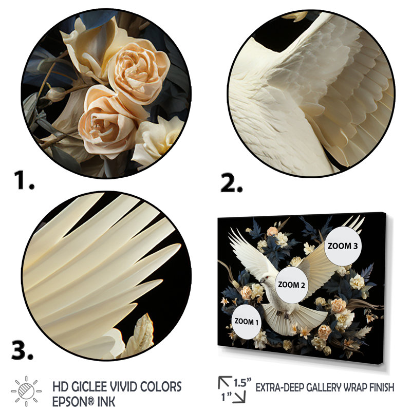 Colombe florale de printemps - art Dovewall, H 16 po x l 32 po x P 1 po, Cadre flottant blanc