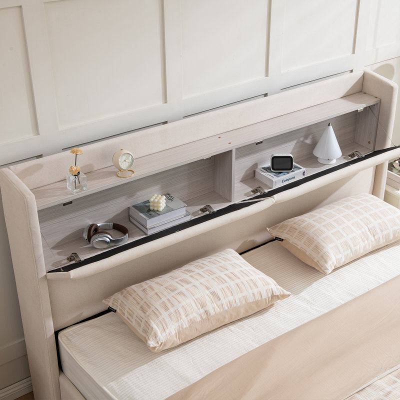 Lit plateforme tapissier avec levage hydraulique, Beige, Grand