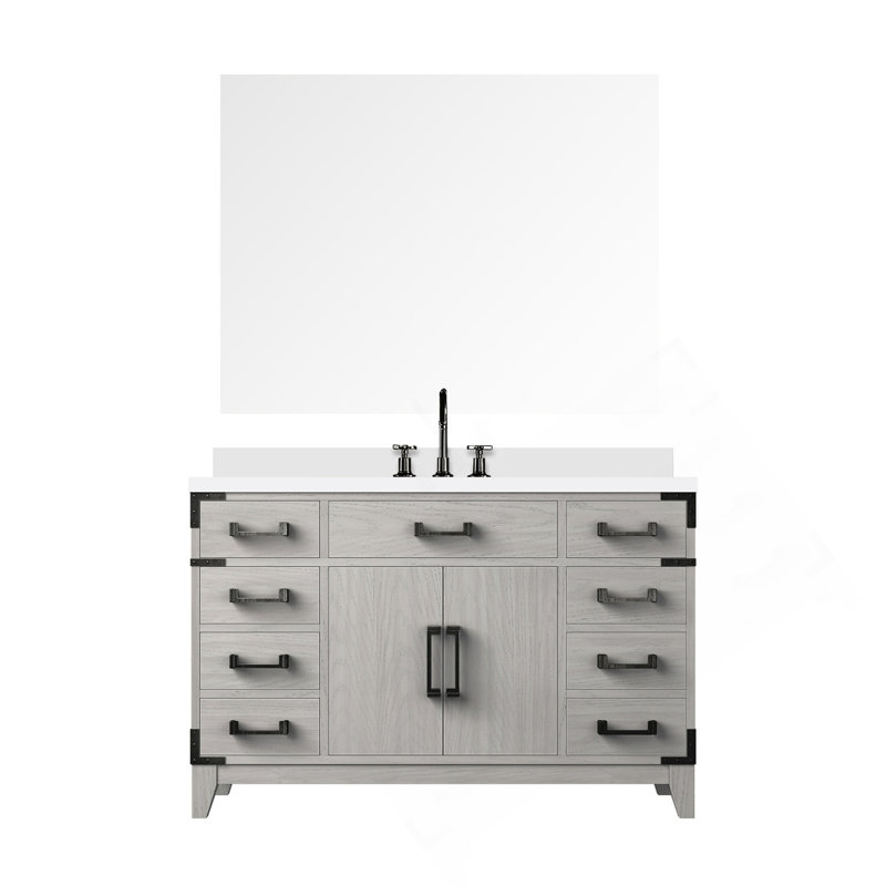 Meuble-lavabo simple en chêne blanc 48 po X P 22 po D, comptoir en quartz blanc, ensemble de robinet et Miroir