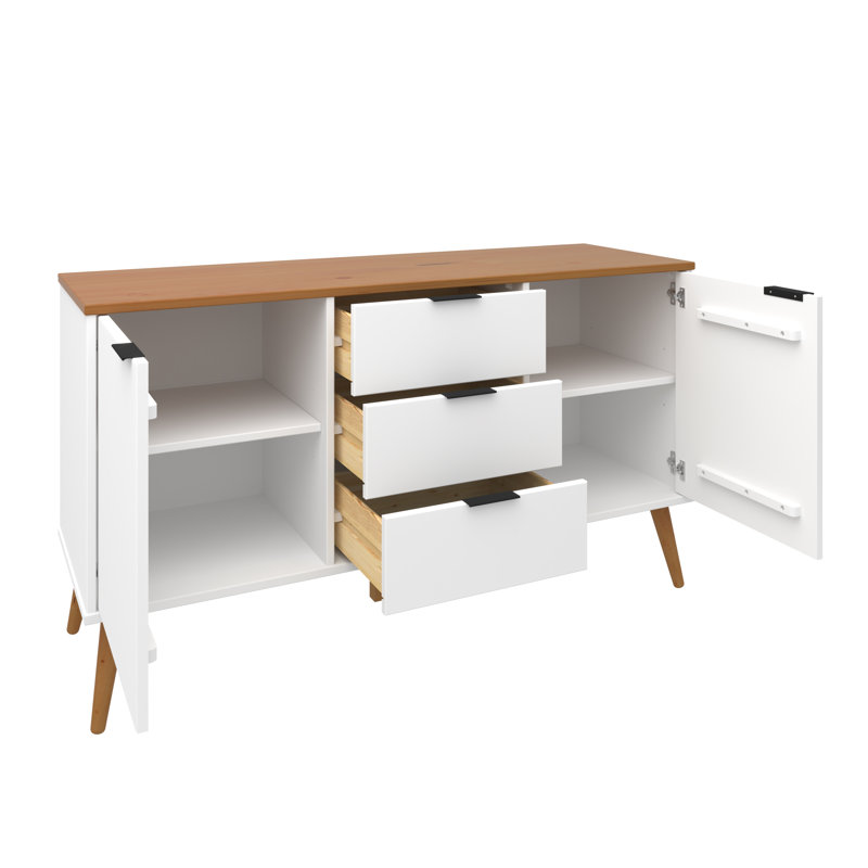 Buffet Alice 3 tiroirs 2 portes en bois massif - Rehaussez votre espace avec notre collection sophistiquée, Blanc / caramel
