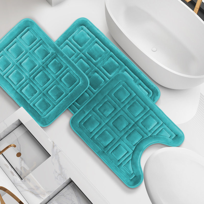 3 Piece Ultra Soft Absorbent Memory Foam Waffled Bath Rug Set, Teal