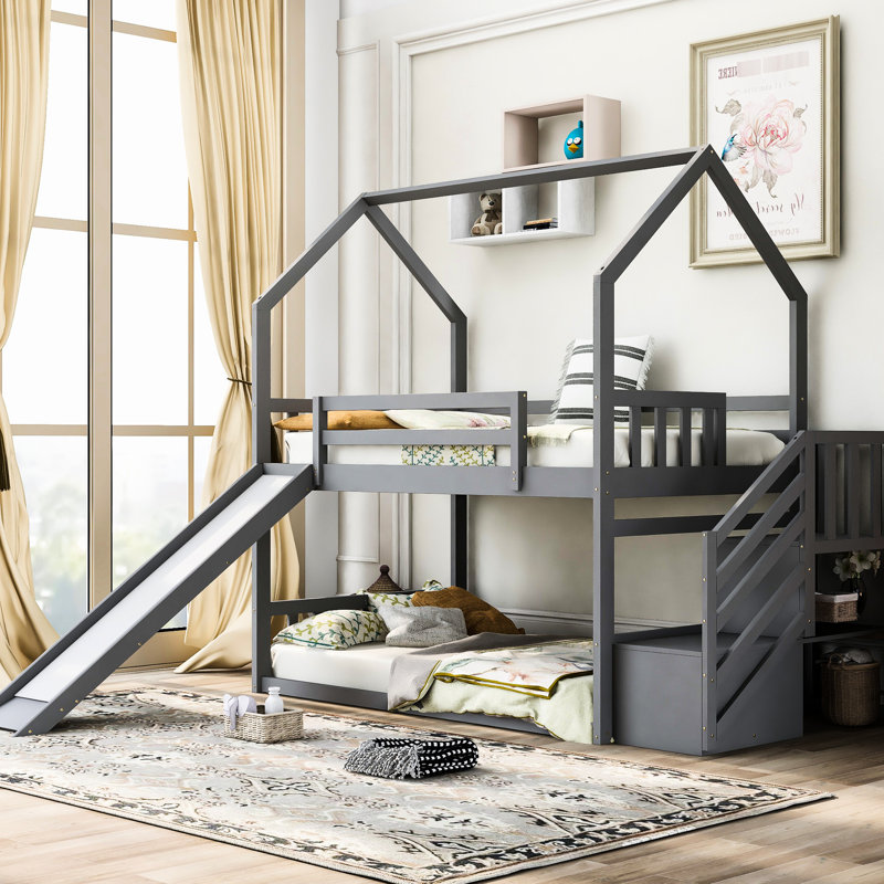 Lit simple superposé au-dessus d'un lit superposé gris avec glissade et rangement, Gris
