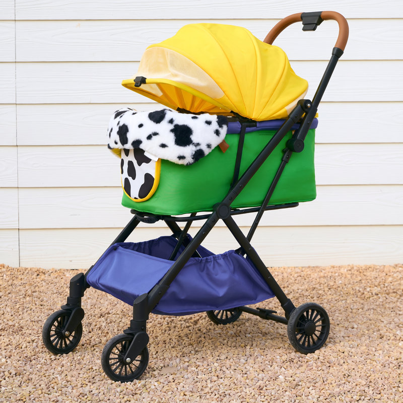 Poussette pliable et légère Zeze pour petits chiens et chats - Pliage à une main, cadre en aluminium, porte-gobelet et coussin lavable à motif vache, motif vache.