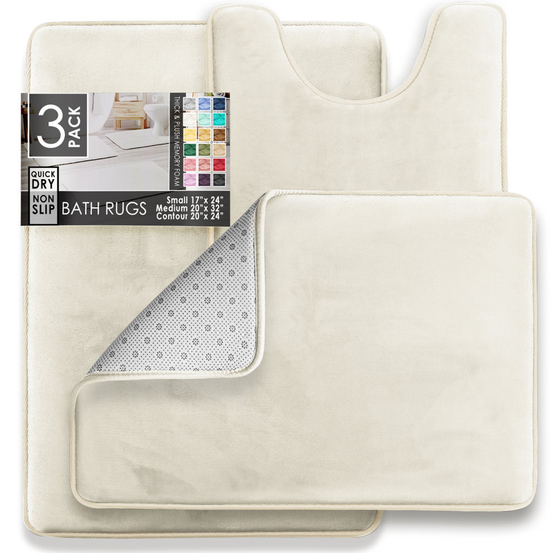 Aighan 3 Piece Ultra Soft and Absorbent Memory Foam Bath Rug Set with Non-Slip Backing, White