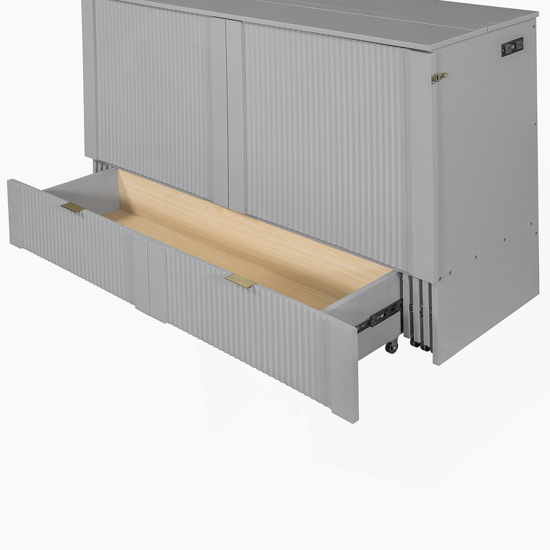 Lit escamotable polyvalent avec rangement pour tiroir et prises et ports USB, structure à poulie pour une conversion facile, idéal pour économiser de l'espace