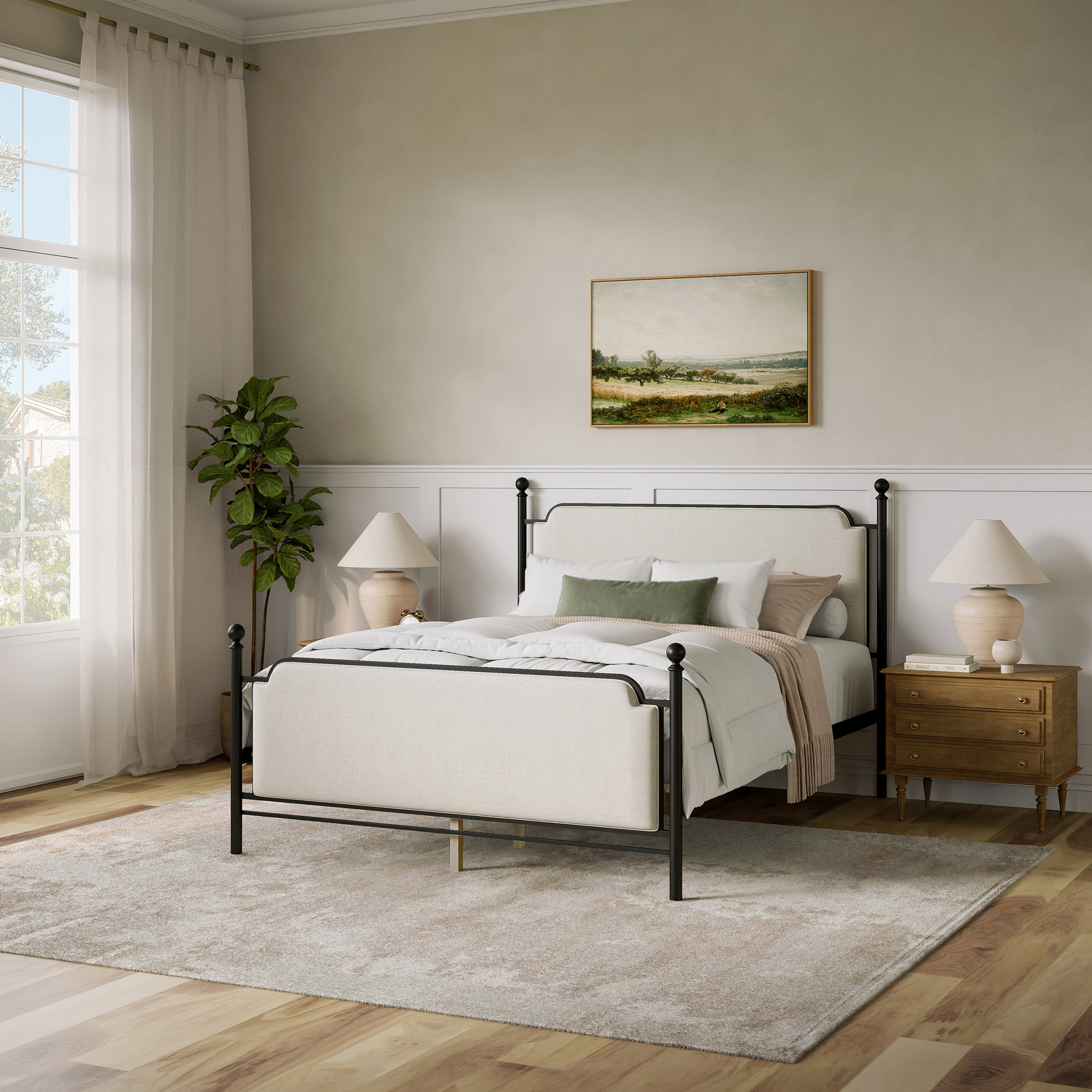 Jarin Metal And Upholstered Complete Queen Platform Bed, Matte Black With Natural Fabric, Queen