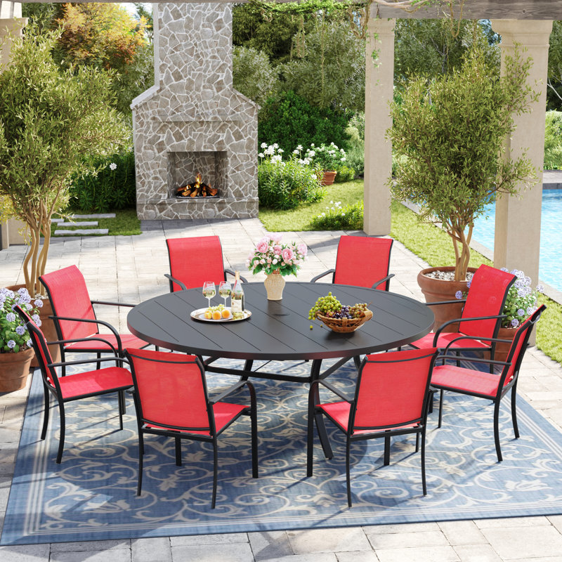 8-Person Round Patio Dining Set with 60" Dining Table and 8 Stackable PVC-coated polyester Chairs, Black/Red