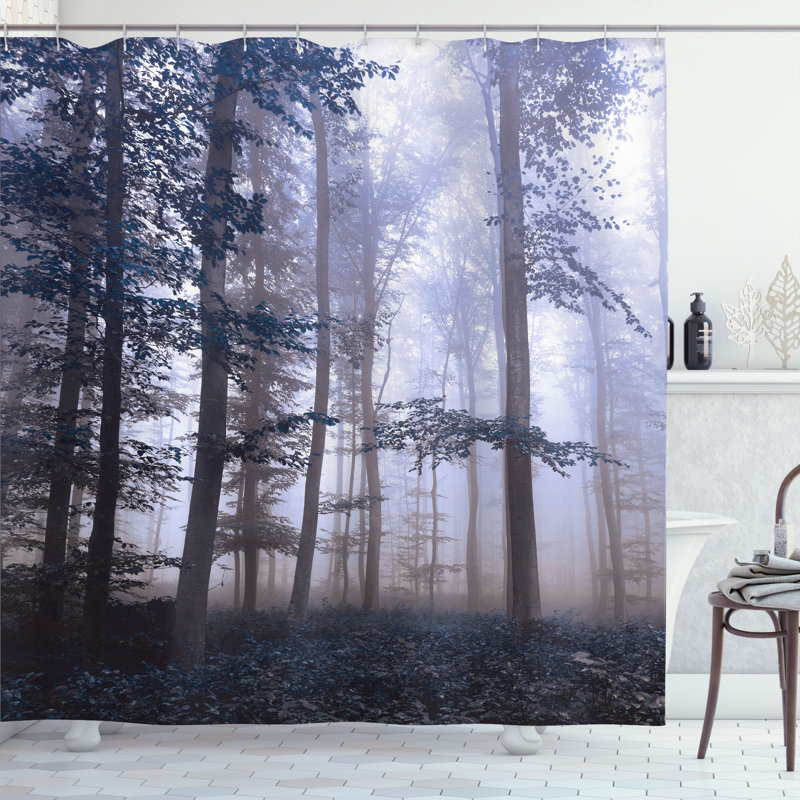 Ceil Blue Forest Print Fabric Shower Curtain with Hooks