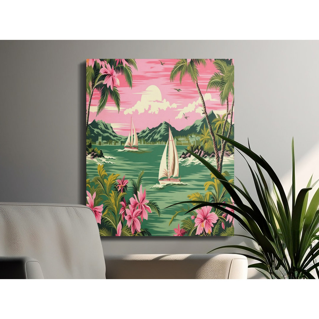 Tropical Island Canvas Wall Art, Sailboats and Hibiscus Flowers, Gallery Wrapped Canvas Print, Ready to Hang, Beach House Decor