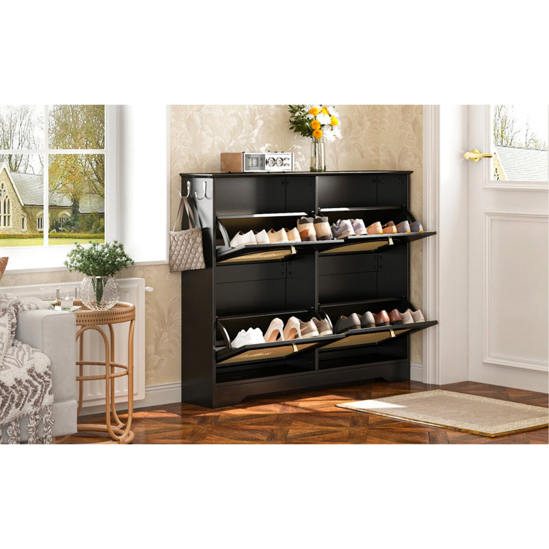 Mid - Century Black Shoe Cabinet With 4 Flip Drawers And 2 Hooks, Freestanding For Hallway, Ventilated To Odor, Stable Design Organizer