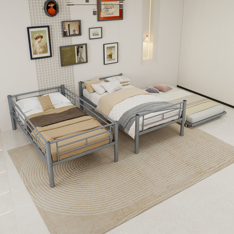 Heavy-Duty Sturdy Meta Twin Over Twin Bunk Bed/L/ Noise Reduced/ Safety Guardrail/No Box Spring Needed,Silvery, Silver