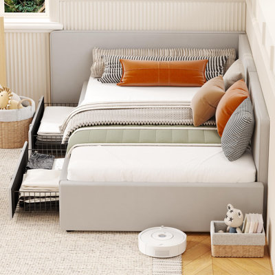 Lit de jour simple rembourré avec 2 tiroirs de rangement - cadre de lit d'angle, tête de lit allongée, garde-corps, assemblage facile - idéal pour la chambre à coucher, le salon, la chambre d'amis - crème