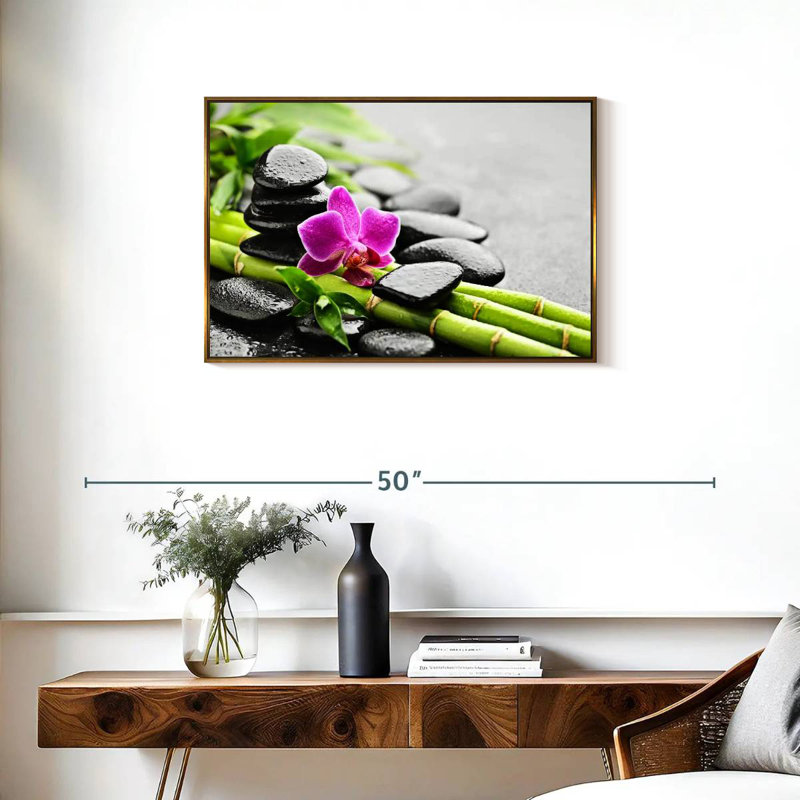 Pierres de basalte et orchidée, Cadre flottant doré, 31 po x 21 po