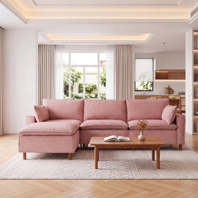 Canapé modulaire en L 108,5 po avec repose-pieds mobile, canapé rembourré en tissu de chenille confortable, canapé en nuage pour salon, appartement, rose