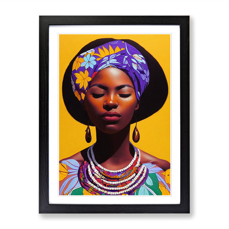 FRM-V0523-55X African Woman Floral - Single Picture Frame Print, 34cm H x 25cm W x 2cm D, Black Framed