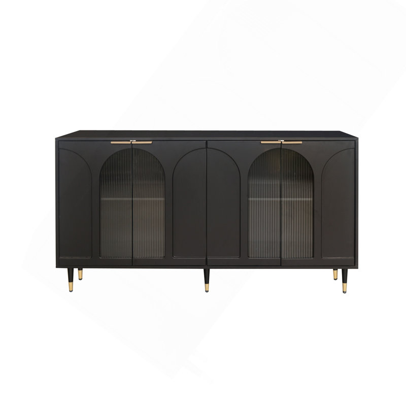 Buffet avec armoire en bois laqué noir et 4 portes, Noir