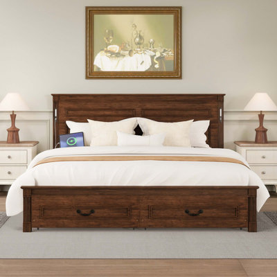 Farmhouse Style Bed with Built-in LED Lights and USB Charging Station