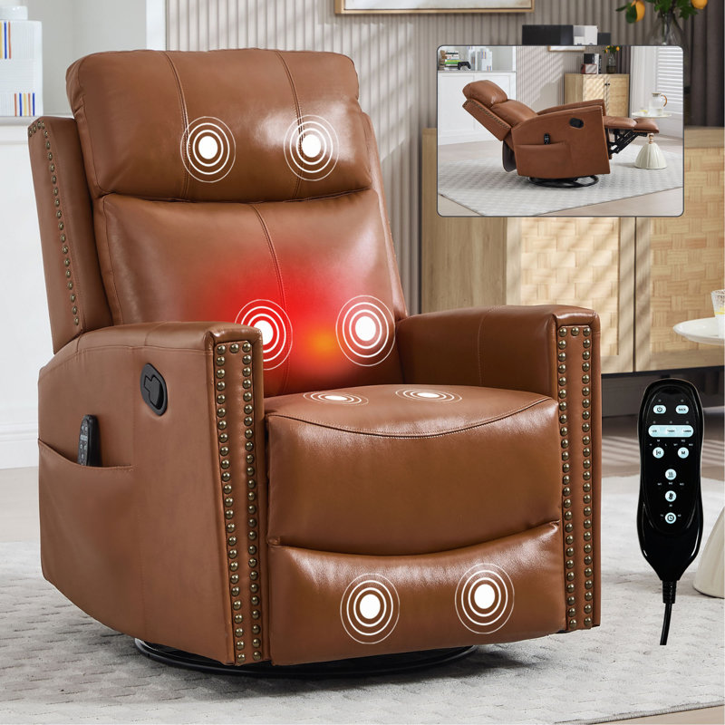 Genuine Leather Heat Massage Manual Recliner Chair With Rocker And Swivel For Living Room, Yellow