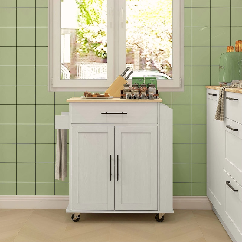 Chariot de cuisine avec plateau en bois manufacturé Sicilee, Blanc