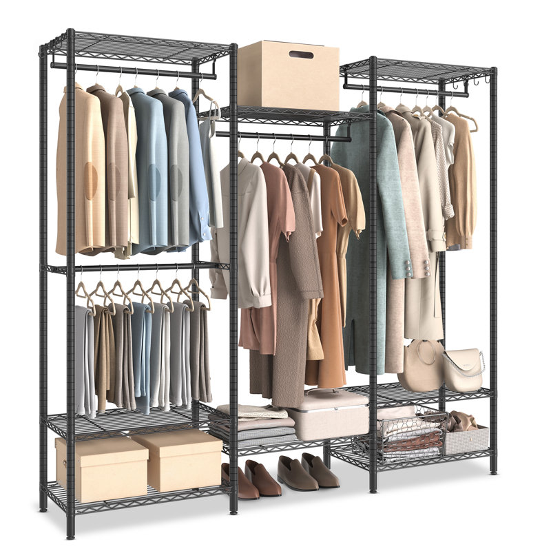 Portant pour vêtements, support à vêtements robuste avec tablettes de rangement réglables et rails suspendus, crochets, diviseur, support de garde-robe portatif autoportant