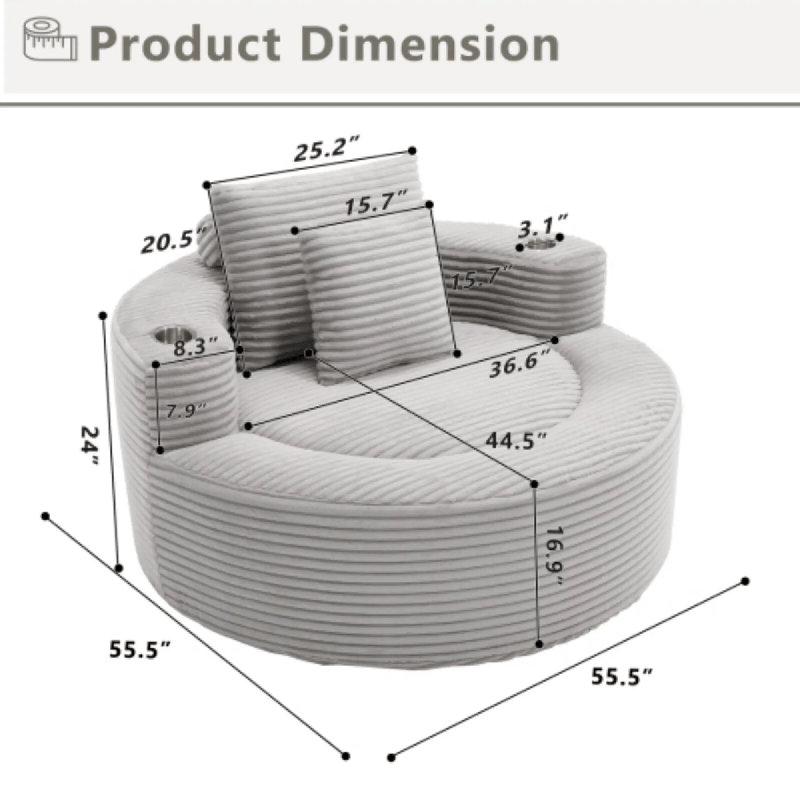 Méridienne surdimensionnée avec mousse à compression - canapé-lit rond et 2 coussins, Gris