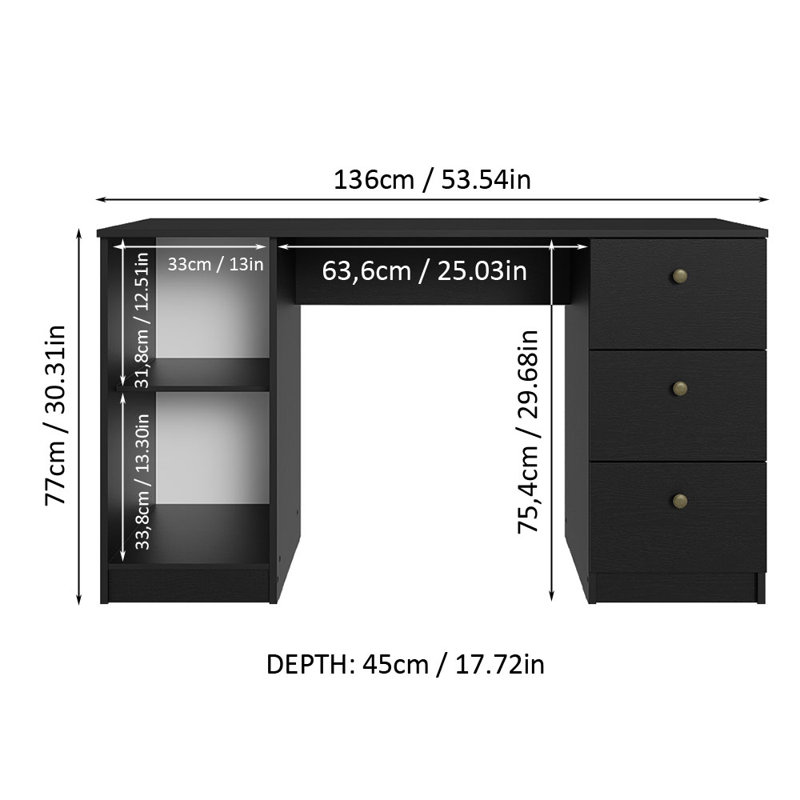 Sleek 53" Black Engineered Wood Gaming Desk with Filing Cabinet