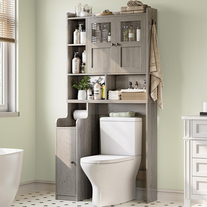 Over The Toilet Storage Cabinet, Farmhouse Rattan Bathroom Cabinet, Over Toilet Bathroom Organizer With Rattan Barn Doors & Toilet Paper Holder Stand, For Bathroom, Restroom, Laundry