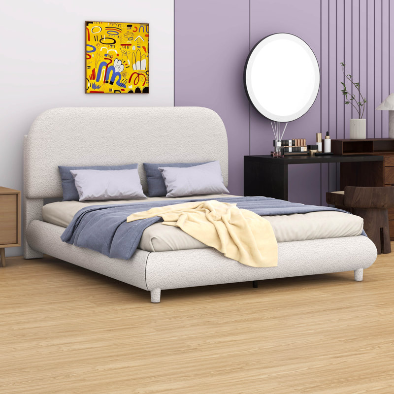 Lit plateforme en tissu d'ameublement Teddy, Beige, Double