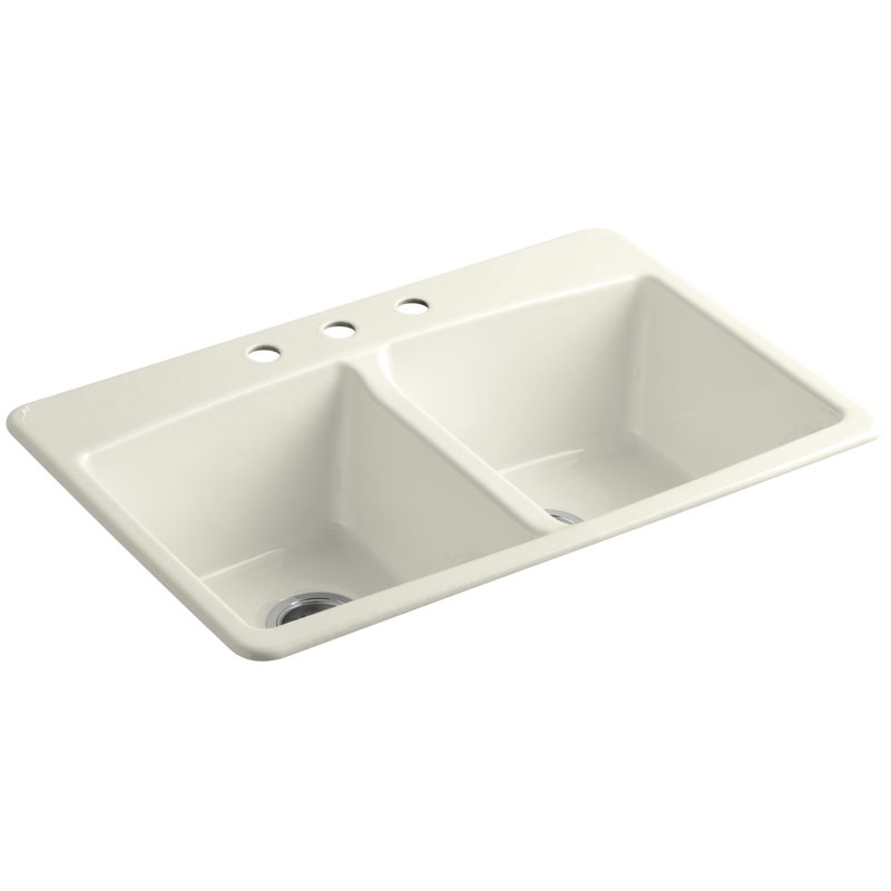 Évier de cuisine à double égalité 33 po x L 22 po x 9 5/8 po, 3 trous, Biscuit