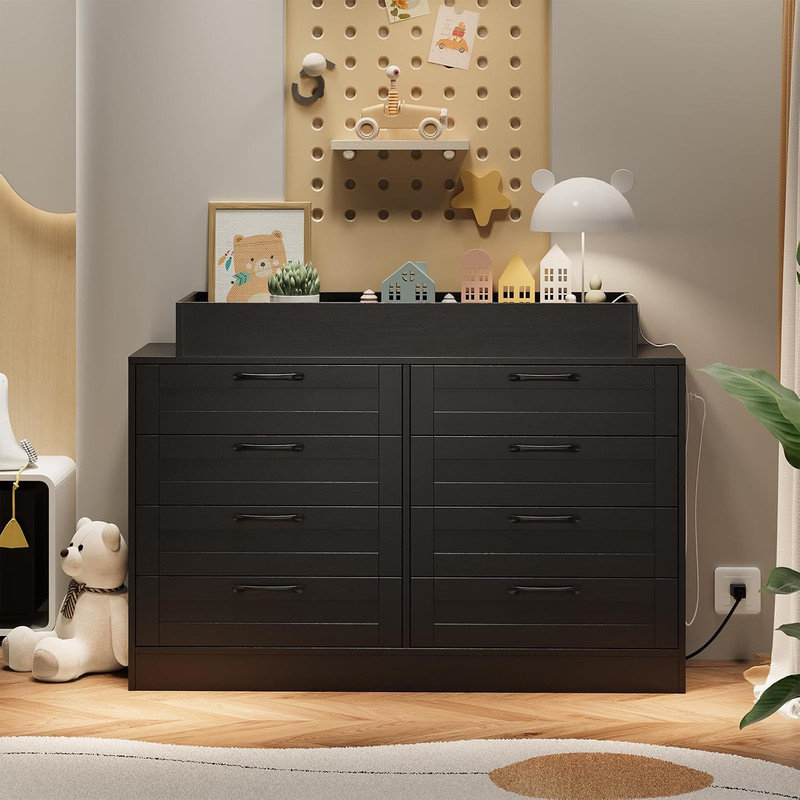 Commode à langer avec 8 tiroirs en bois, table à langer et unité de rangement, sans matelas inclus, Noir