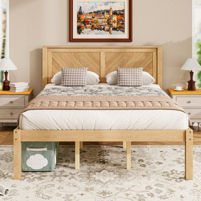 Queen Size Solid Wood Platform Bed Frame with Herringbone Wood Headboard, Farmhouse Chevron Panel Bed, Under Bed Storage Clearance, No Box Spring Need
