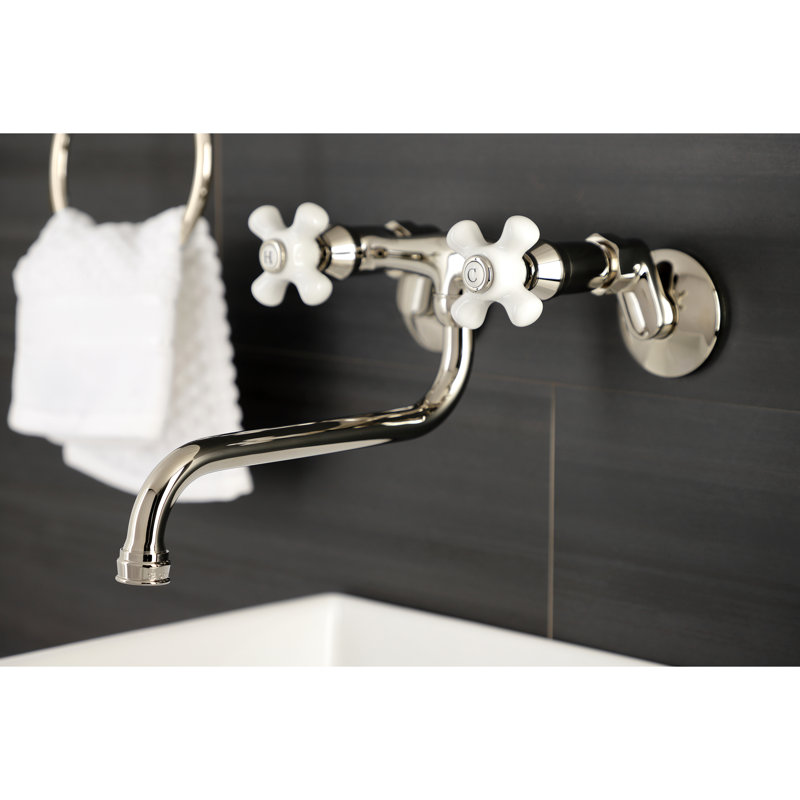 Kingston Brass Kingston Two-Handle 2-Hole Wall Mount Bathroom Faucet, Polished Nickel, Cross Handle
