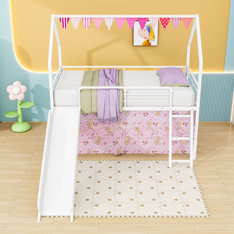 Lit mezzanine simple avec glissade et accessoires ludiques, Rose blanc