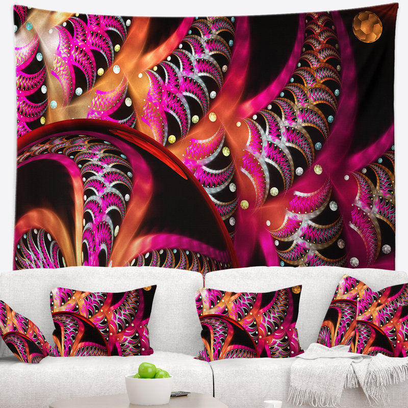 Tapisserie abstraite à motif fractal unique de conception magenta, H 32 po x l 39 po