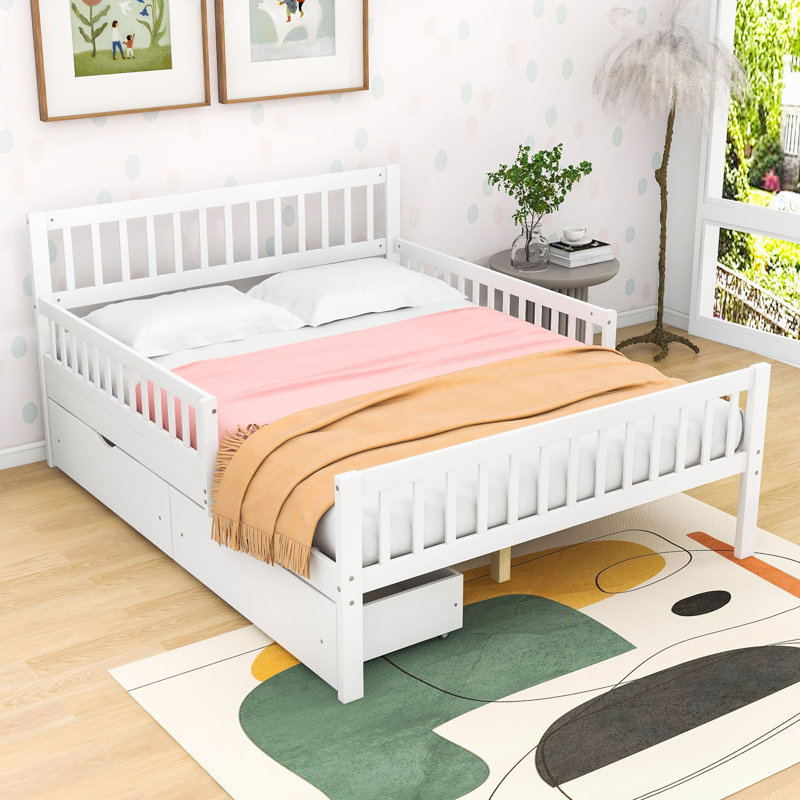 Hael Wood Platform Bed with Dual Storage Drawers and Safety Guardrails, Full, White