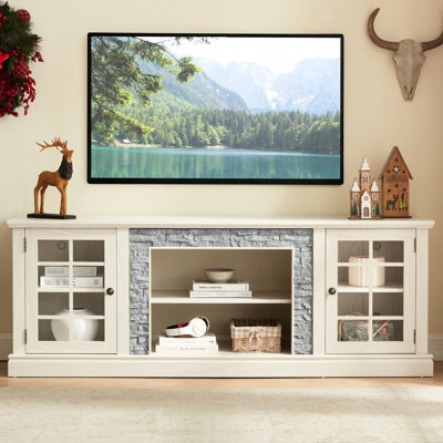 Meuble télé moderne blanc de 178 cm (70,07 po) avec rangement à 2 portes, aspect pierre, compatible avec un téléviseur de 190 cm (75 po), 6 passe-câbles, 4 étagères, finition soignée, étagères réglables, support inclus