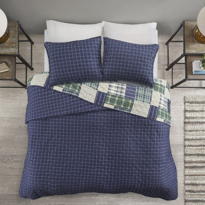 3 Piece Quilt King/ King - Navy, Reversible With Plaid, Patchwork Reverse, Cotton Filled, Zipper Closure Shams Print, Plaid Zippered