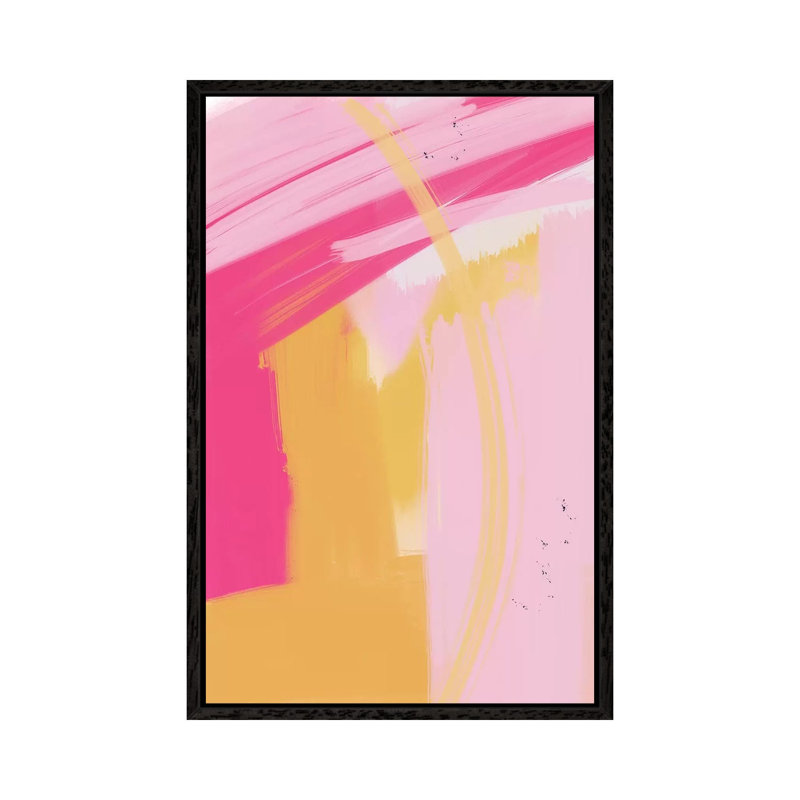 Pink And Yellow Abstract by Leah Straatsma - Painting on Canvas, 101.6cm H x 66.04cm W x 3.81cm D, Black Floater Framed