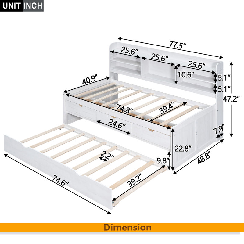 Lit capitaine simple en bois avec étagères intégrées, Blanc délavé