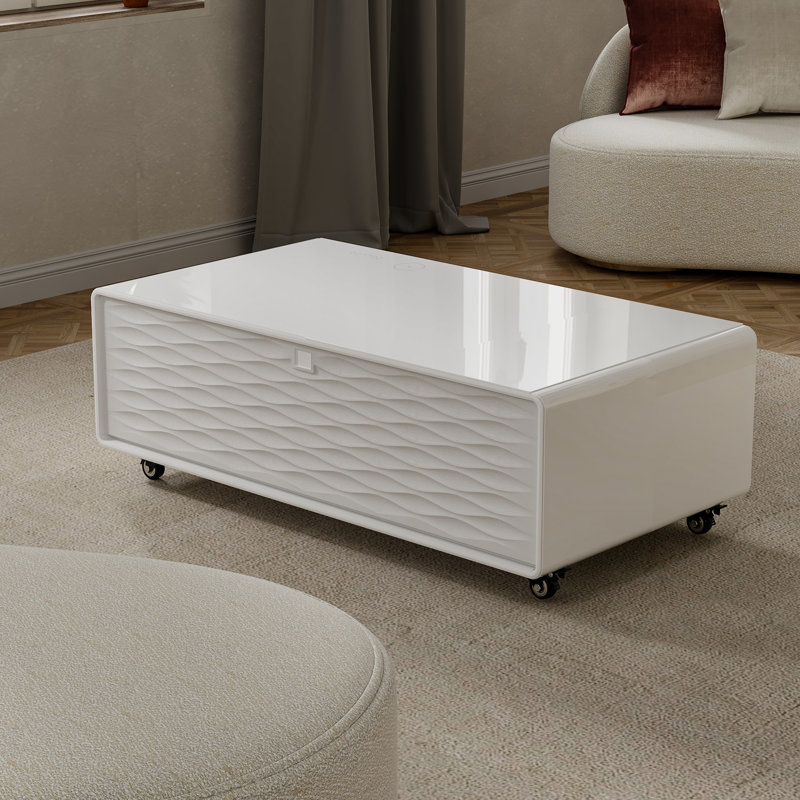 Smart Coffee Table with 135"L Fridge and Wireless Charge, White