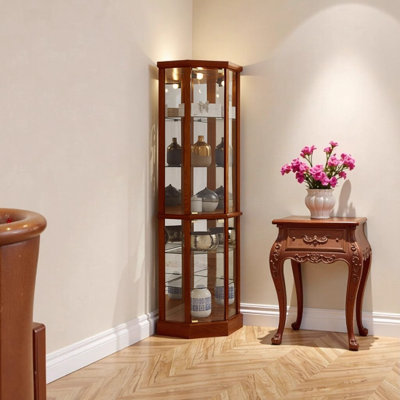 6 Shelf Lighted Corner Curio Cabinet with Adjustable Tempered Glass Shelves and Mirror Back, Cherry (E26 Light Bulb Not Included)